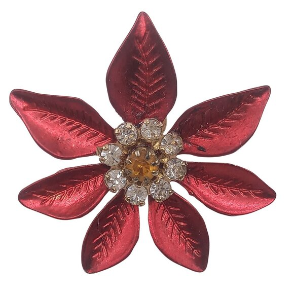 Poinsettia Earrings Red Enamel Rhinestones Gold Tone Pierced Ear Backing Earring - Picture 3 of 7